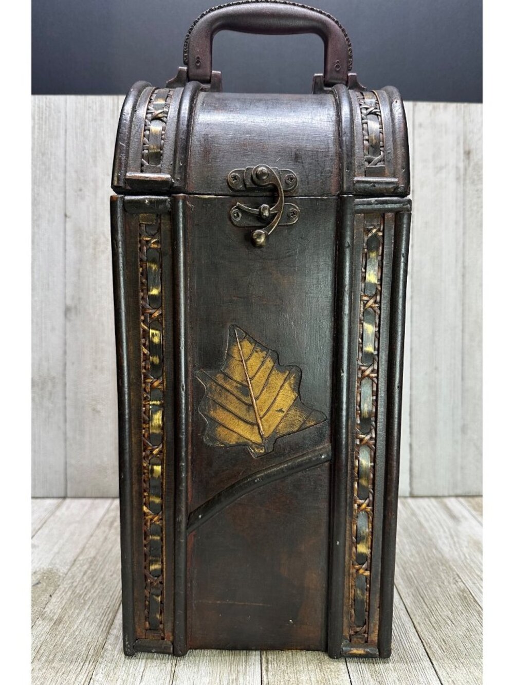 Vtg Single Wine Bottle Box Case Wooden Leaf Rustic Gift Storage Handle 13" Tall